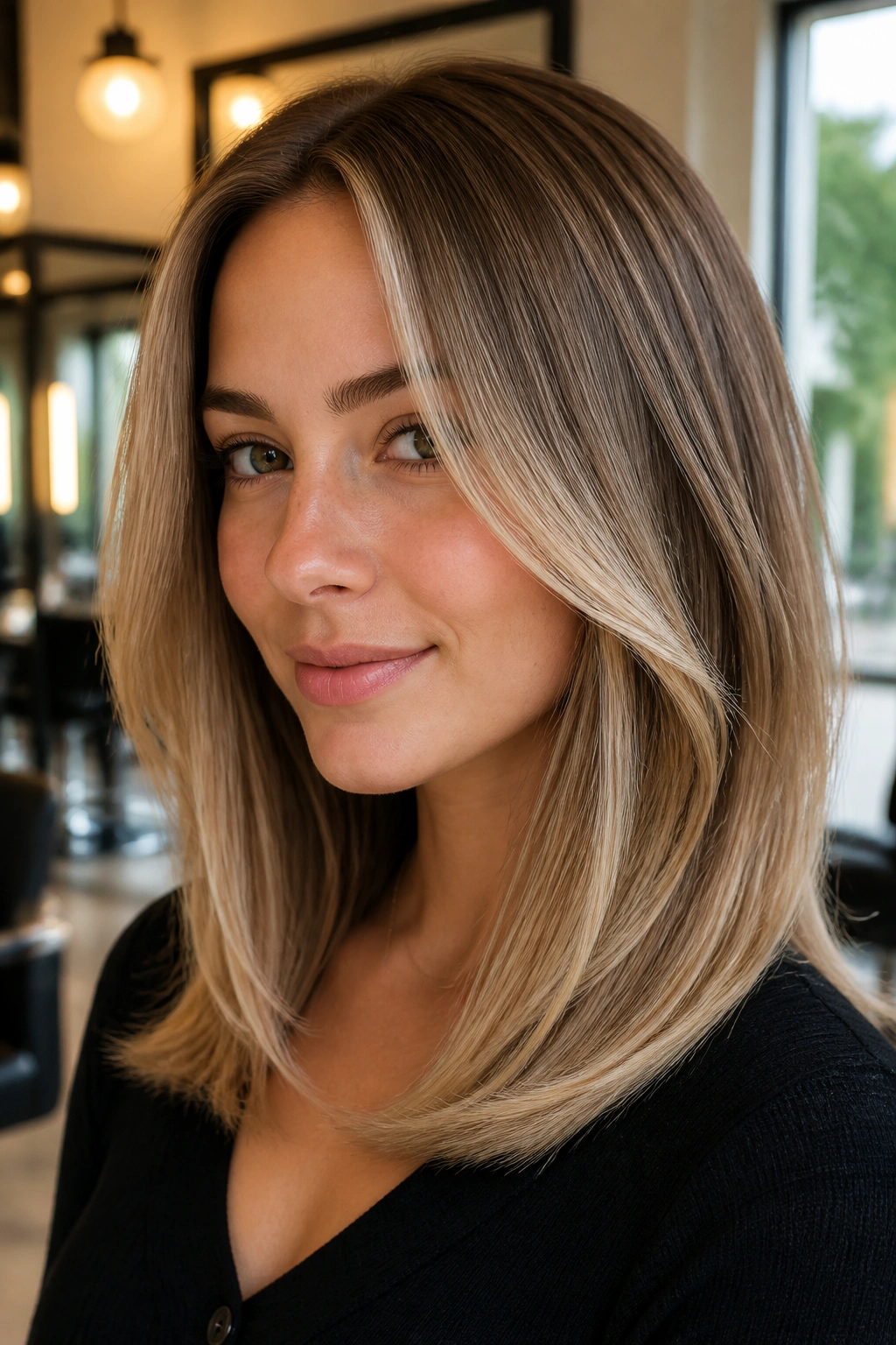 Close-up of a real woman's hair showing honey bronde curtain fade with face-framing highlights