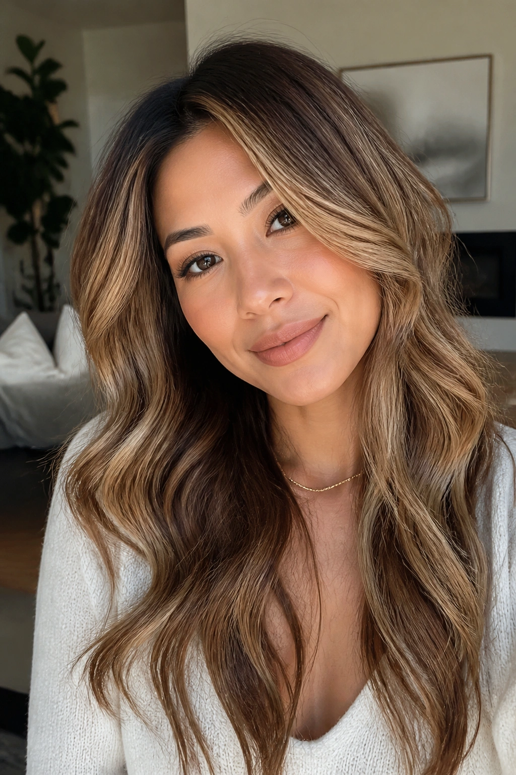 Close-up of a woman with honey bronde hair in a cozy room setting.