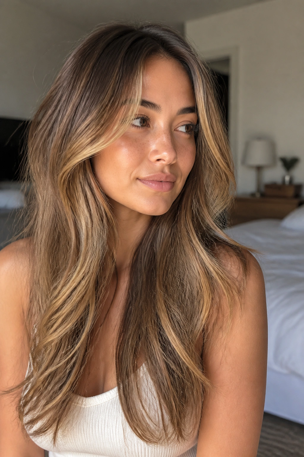 Close-up of honey bronde hair on a real person in natural window light