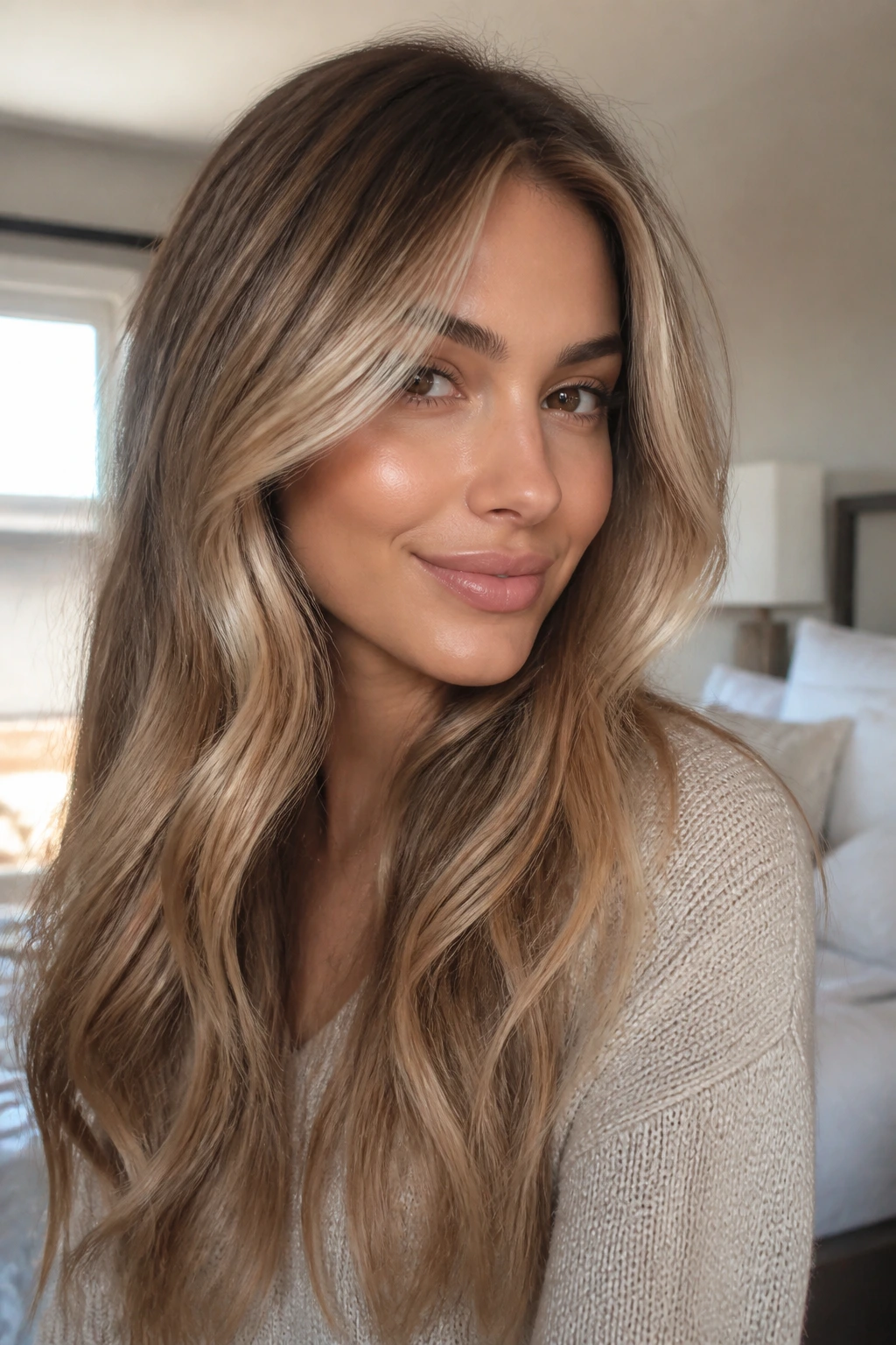 Close-up portrait of a woman with honey-bronde hair and face-framing pieces.