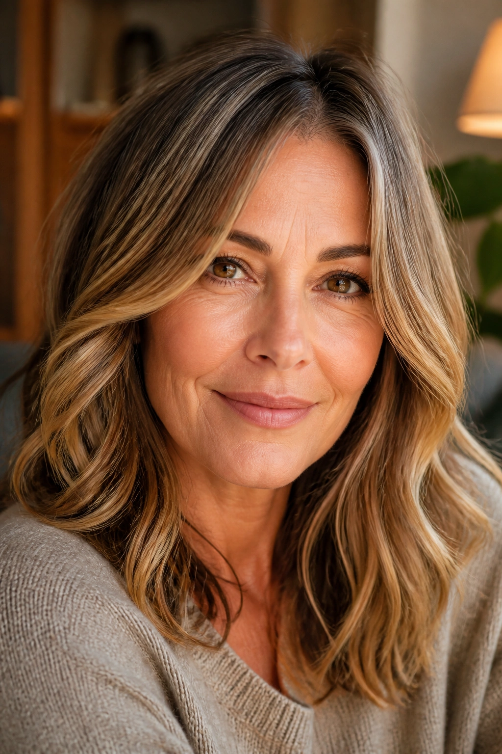 Close-up of a real woman with honey bronde highlights for soft warmth