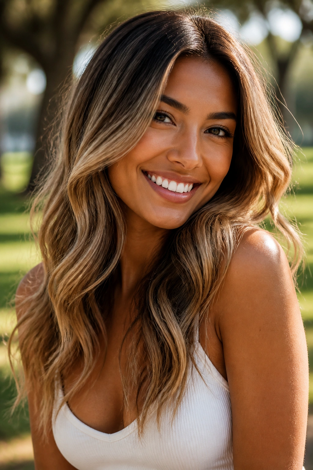 Close-up portrait of a real woman with honey bronde hair and tan skin in sunny outdoor light