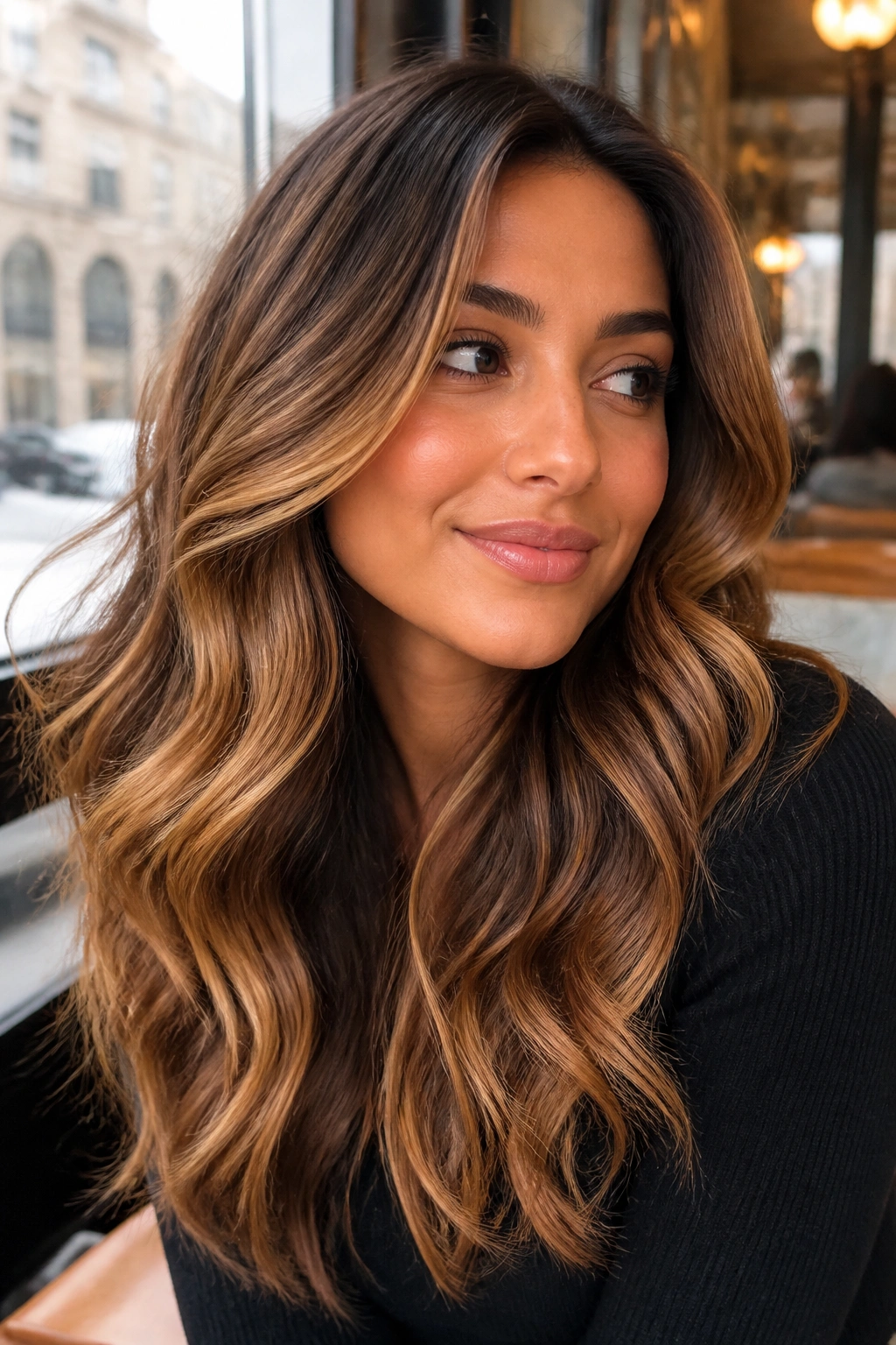 Brunette with honey bronze highlights catching winter daylight