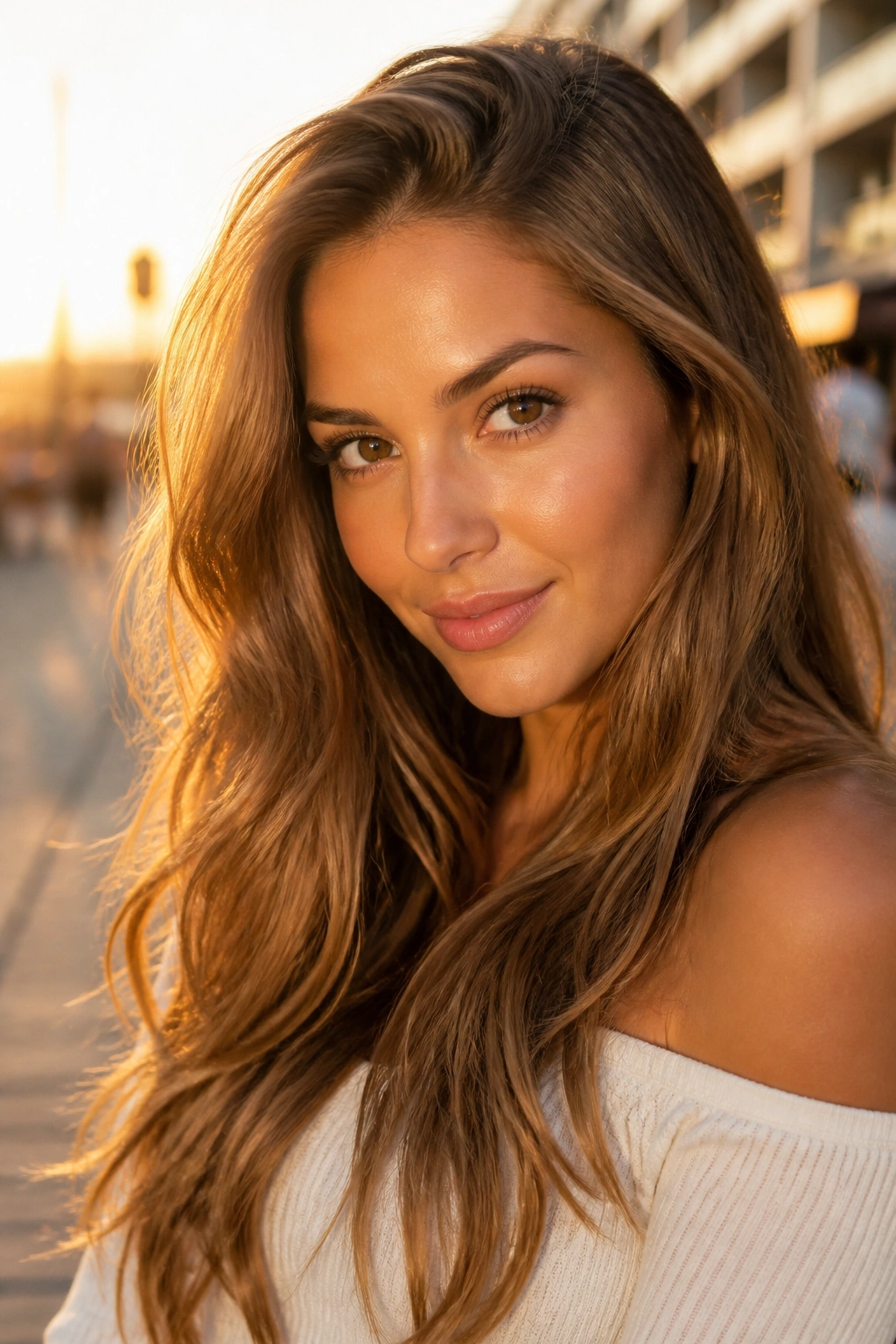Close-up of a real woman with honey brown hair and golden sun-kissed glow