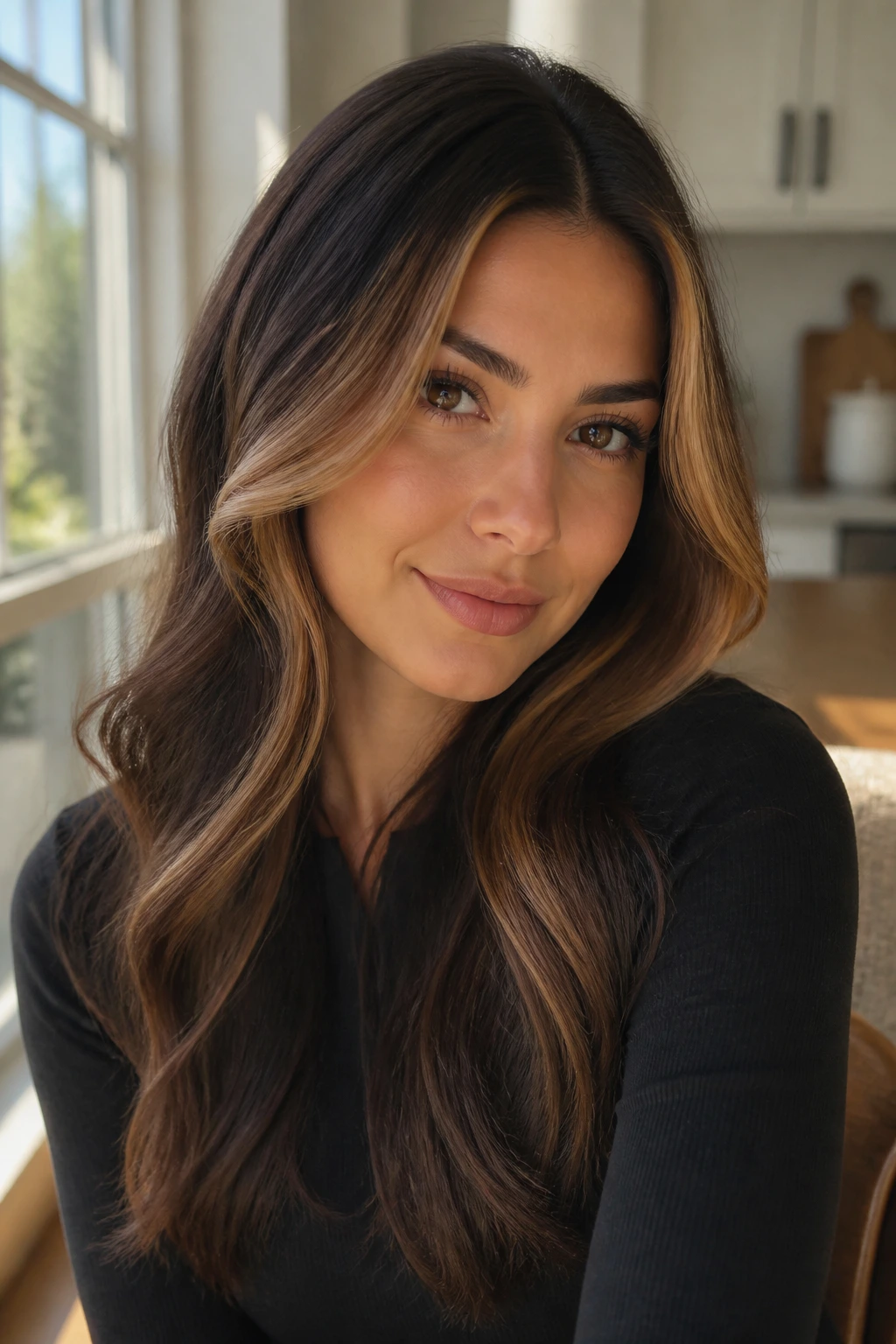 Portrait of a woman with honey-brown money piece framing the face