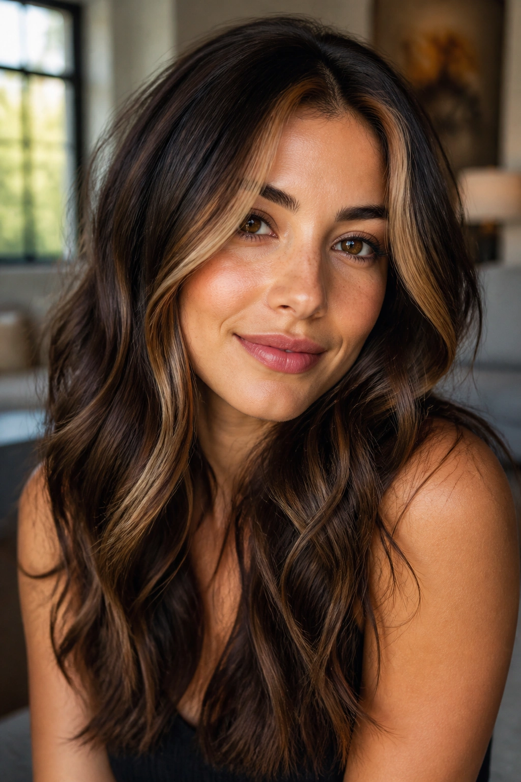 Close-up of a real woman with honey brown money pieces framing her wavy hair