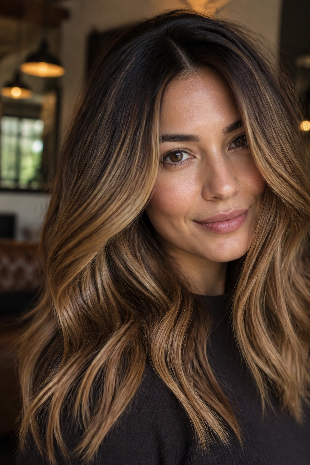 Real woman with honey brunette hair and chestnut shadow root