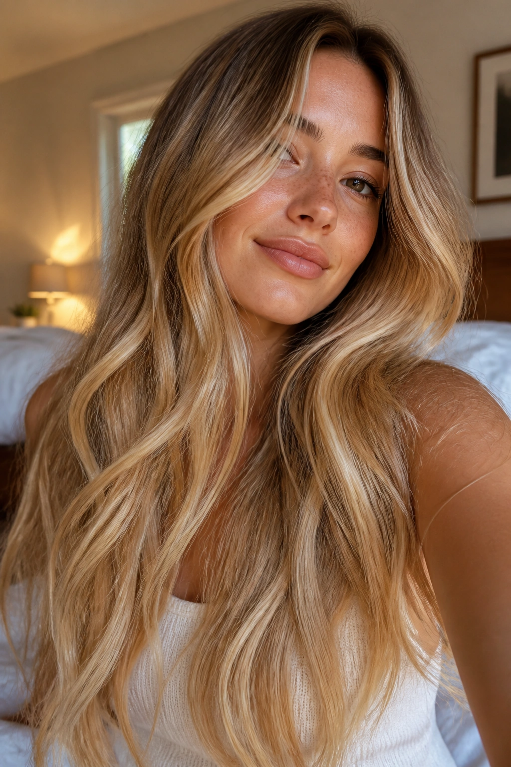 Close-up of a real woman with honey butter blonde long hair in soft waves