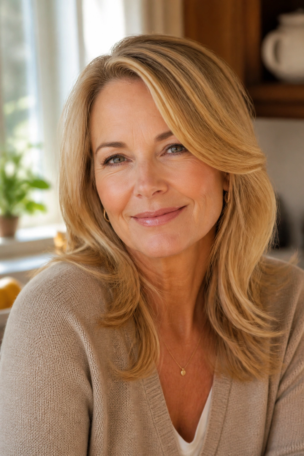 Close-up portrait of a real woman with honey butter blonde hair in warm kitchen light