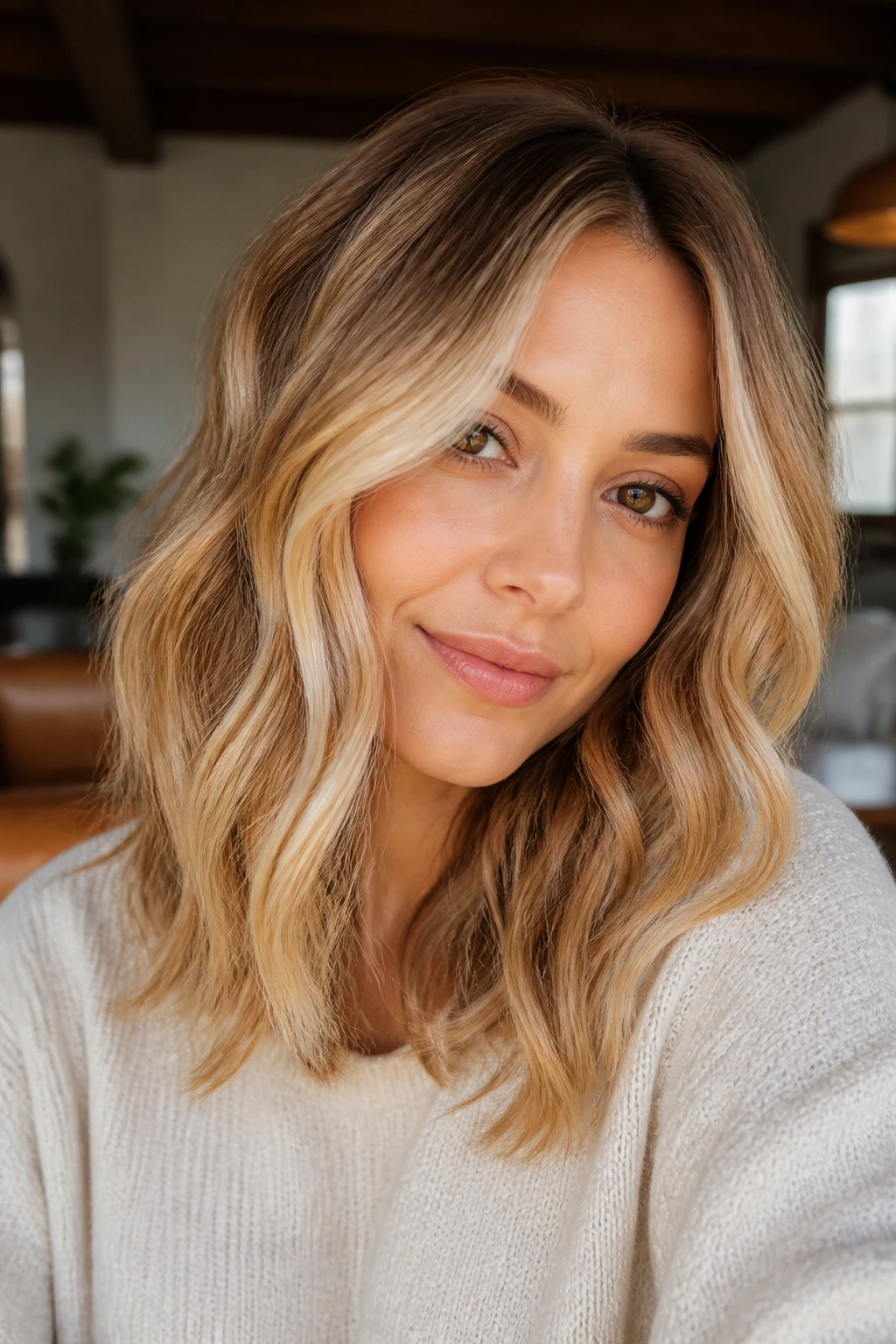 Close-up portrait of a real woman with honey butter foilayage highlights in warm living room light