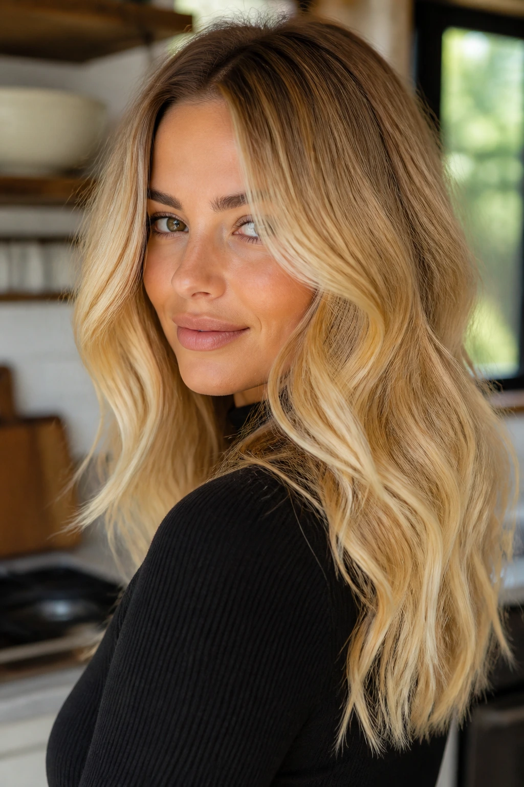 Close-up portrait of a real woman with honey butter melt hair in warm tones.