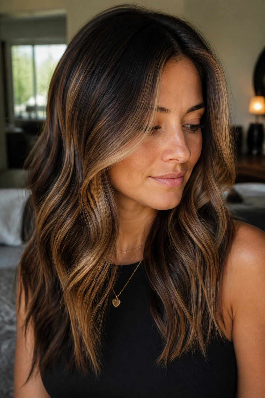 Close-up of a real woman with honey caramel balayage on dark brown hair