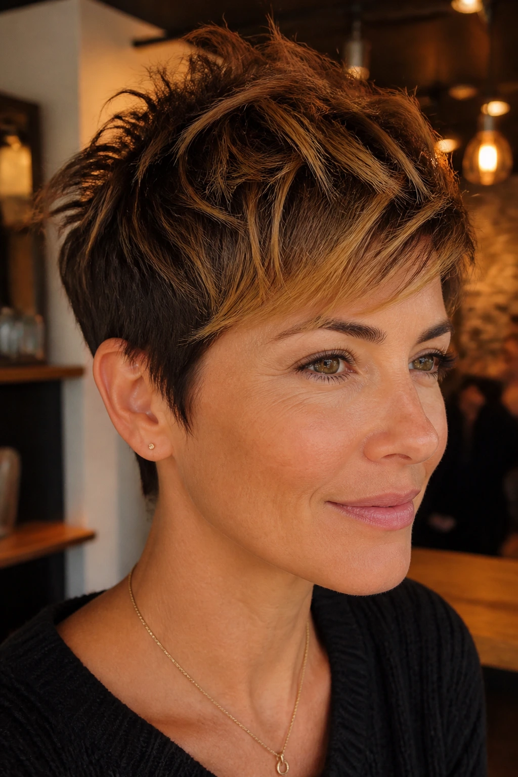 Close-up of a real woman with a tousled pixie and honey caramel ends.