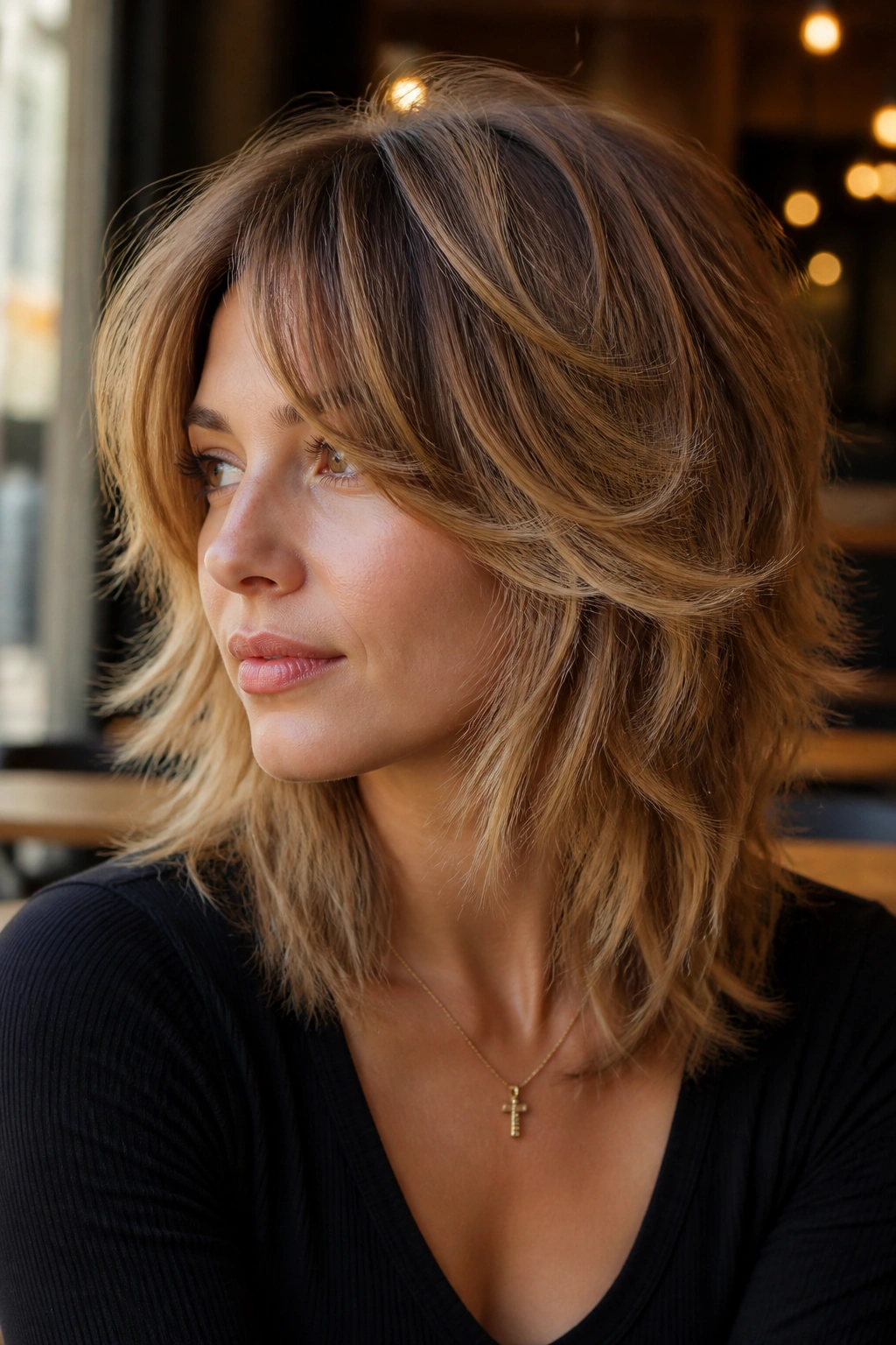 Real woman with layered shag hair in honey-caramel blonde
