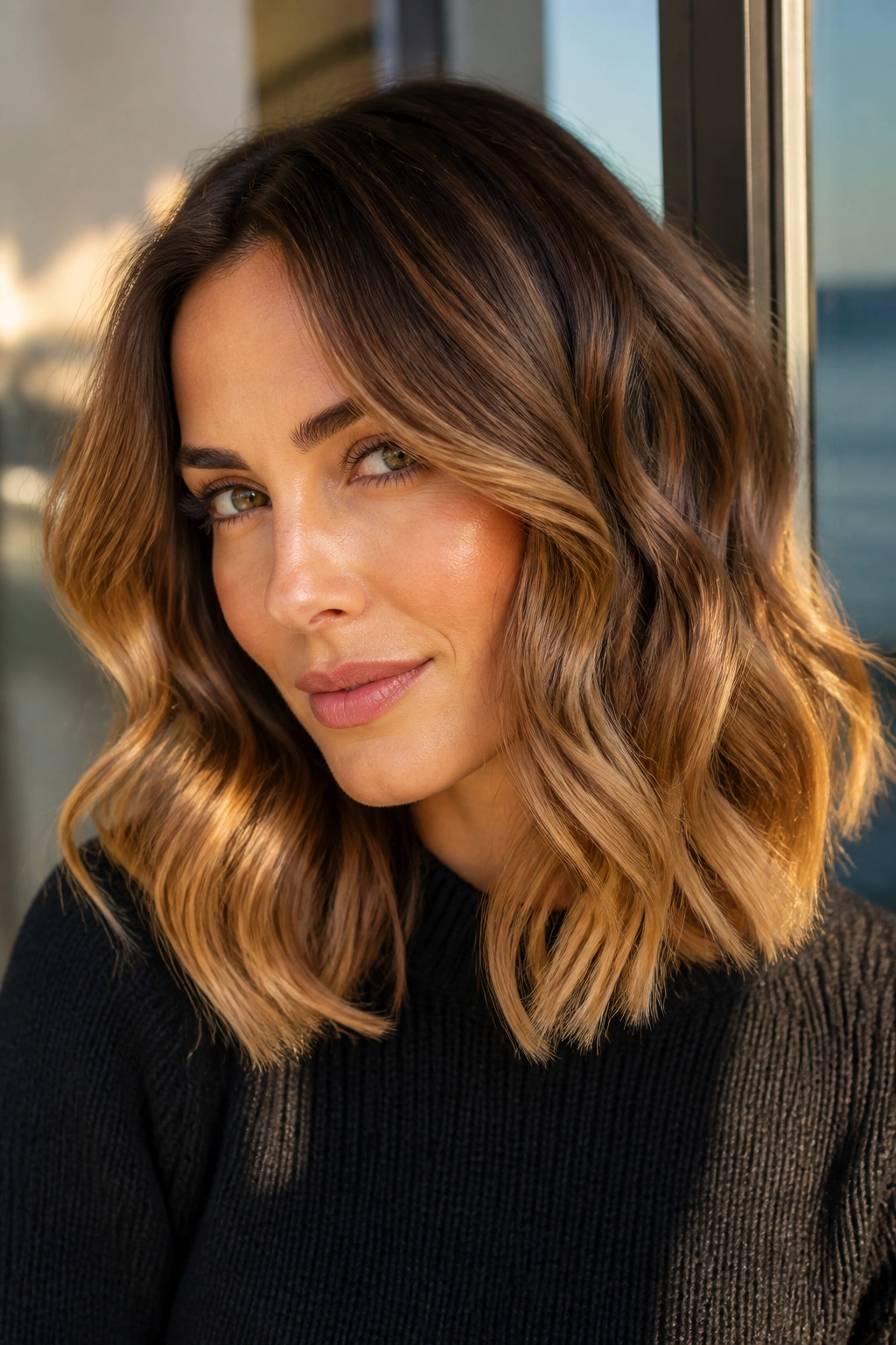 Close-up of a wavy lob with honey caramel highlights.