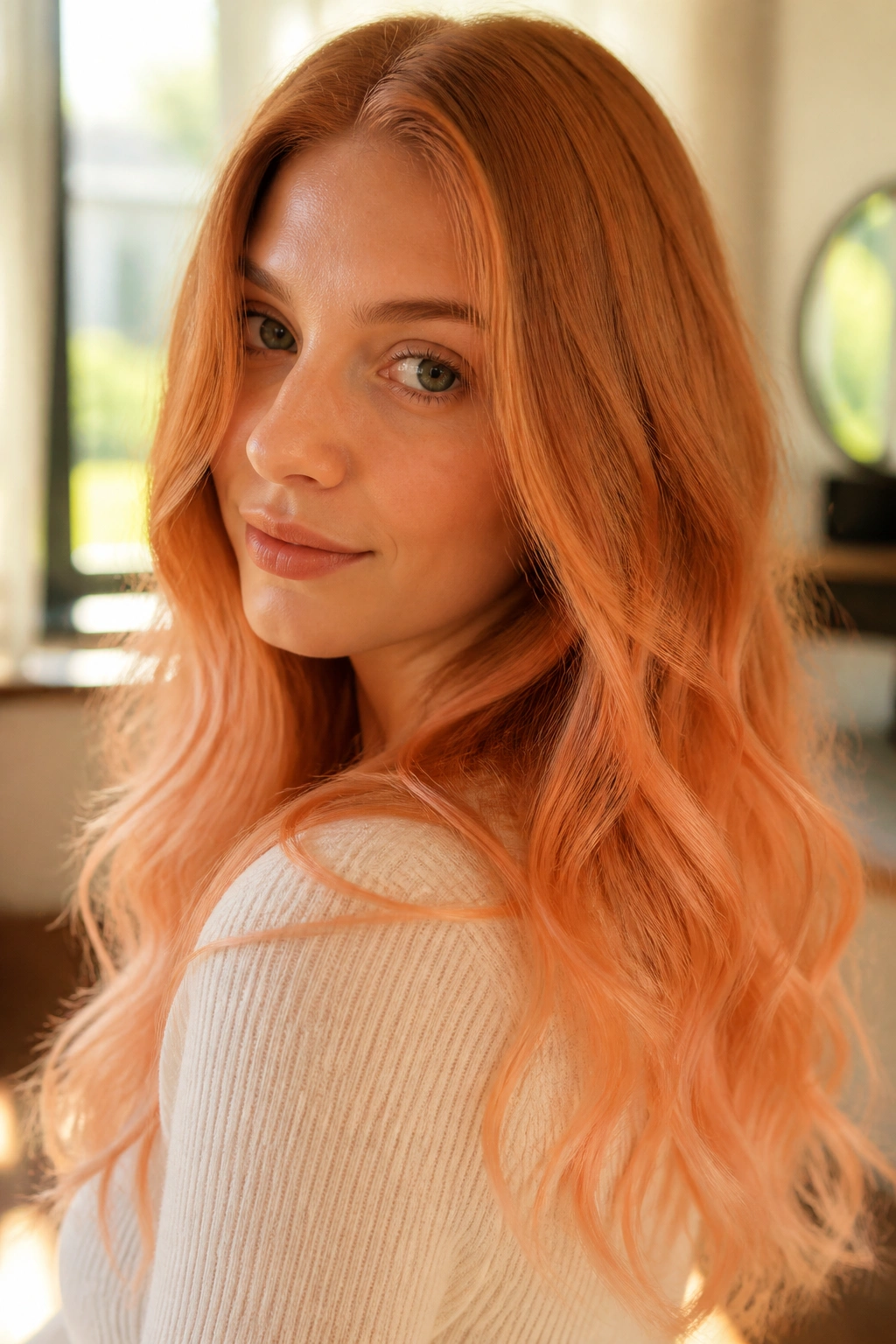 Close-up of a real woman with honey copper to apricot peach ombre hair in soft waves.