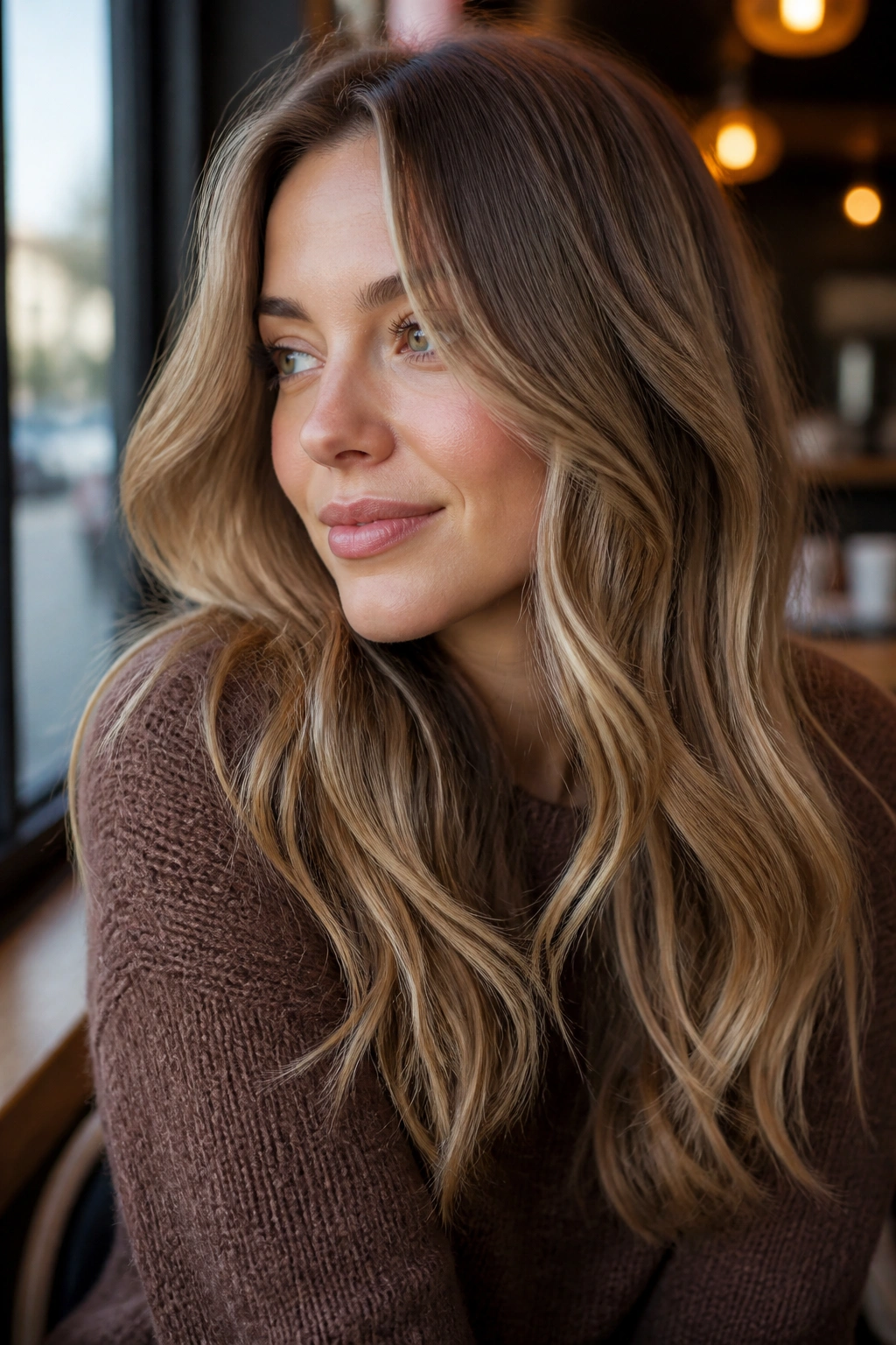 Close-up of a real woman with honey-dipped dirty blonde highlights in soft waves.