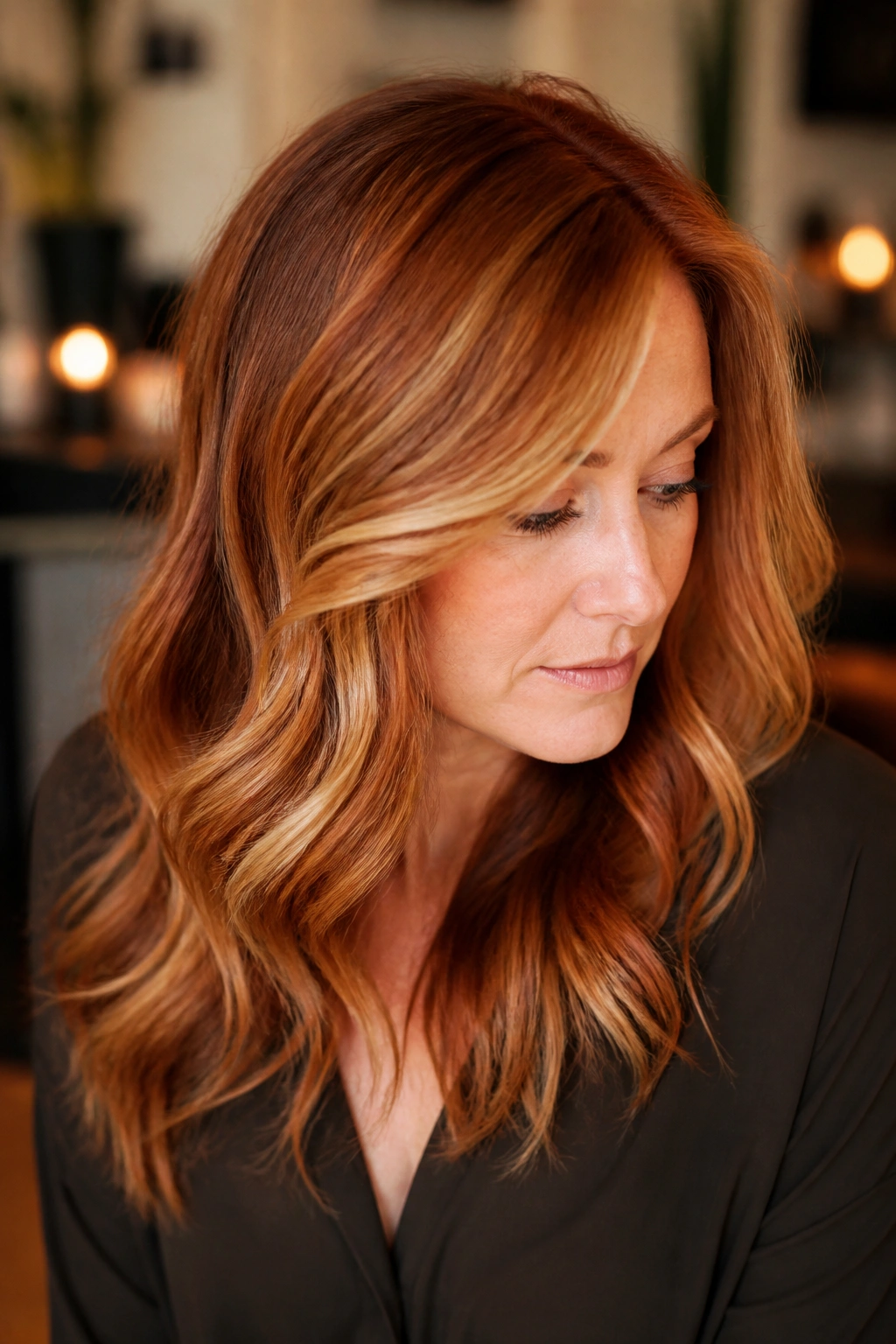 Portrait of a person with copper hair and honey foil highlights