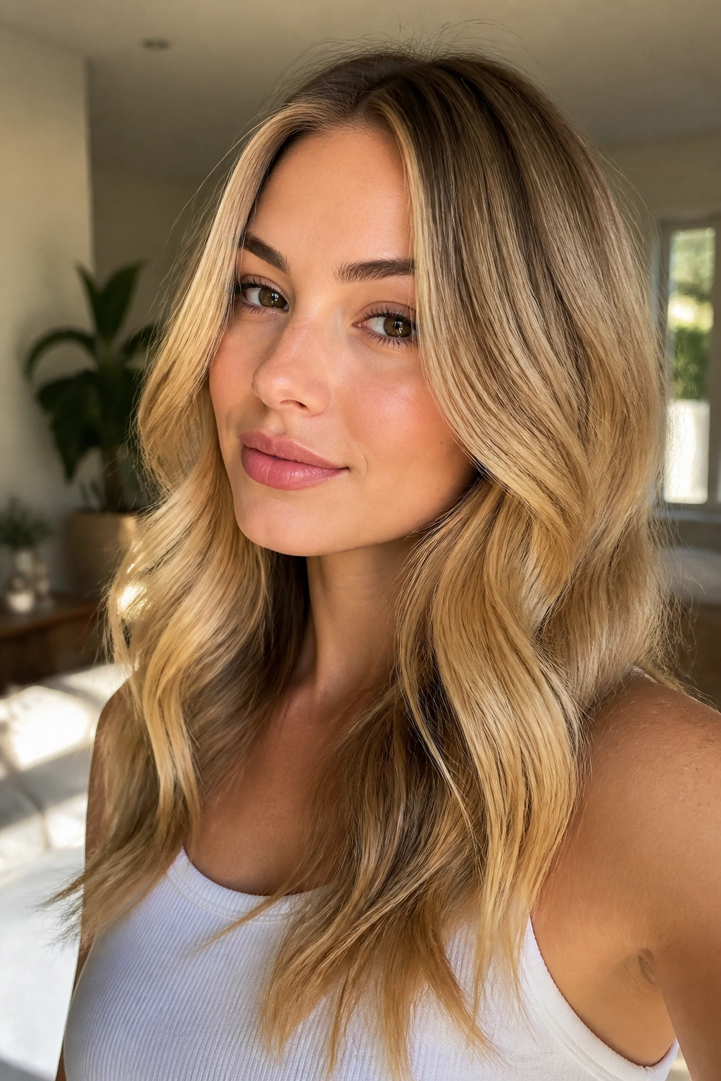 Close-up portrait of a person with Honey Glaze Blonde hair in warm sunlight.
