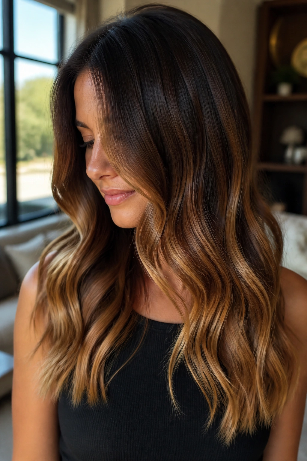 Close-up of brunette hair with honey glaze on ends, warm golden shine