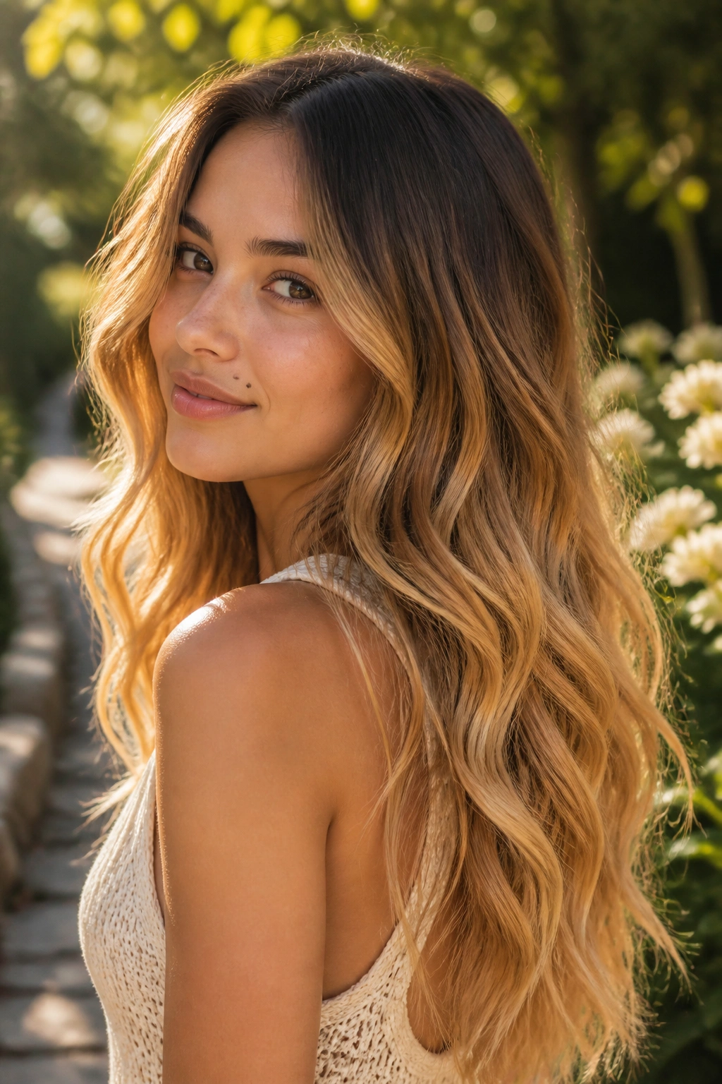 Close-up portrait of a real woman with honey-to-gold ombré on long wavy hair