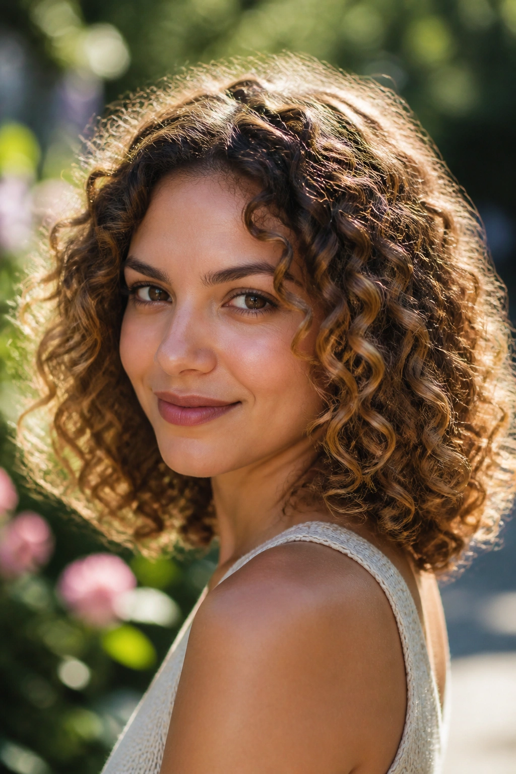 Real woman with shoulder-length curls featuring a honey halo lighting the outer curls.