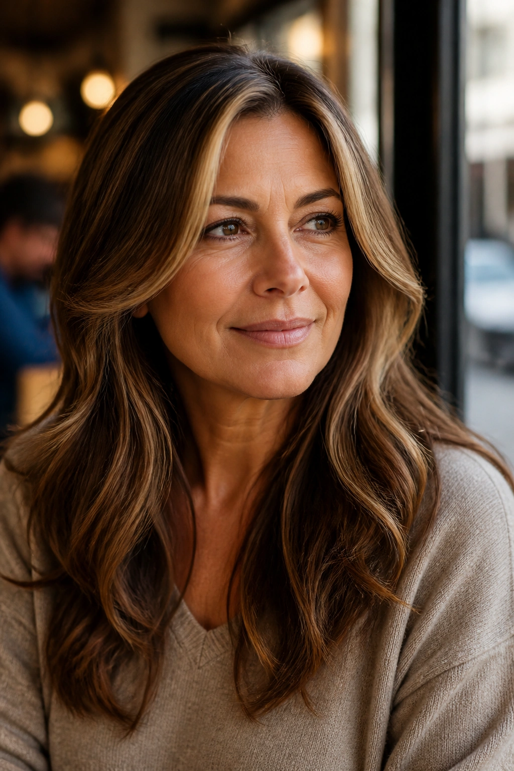 Portrait of a brunette with honey highlights framing the face.