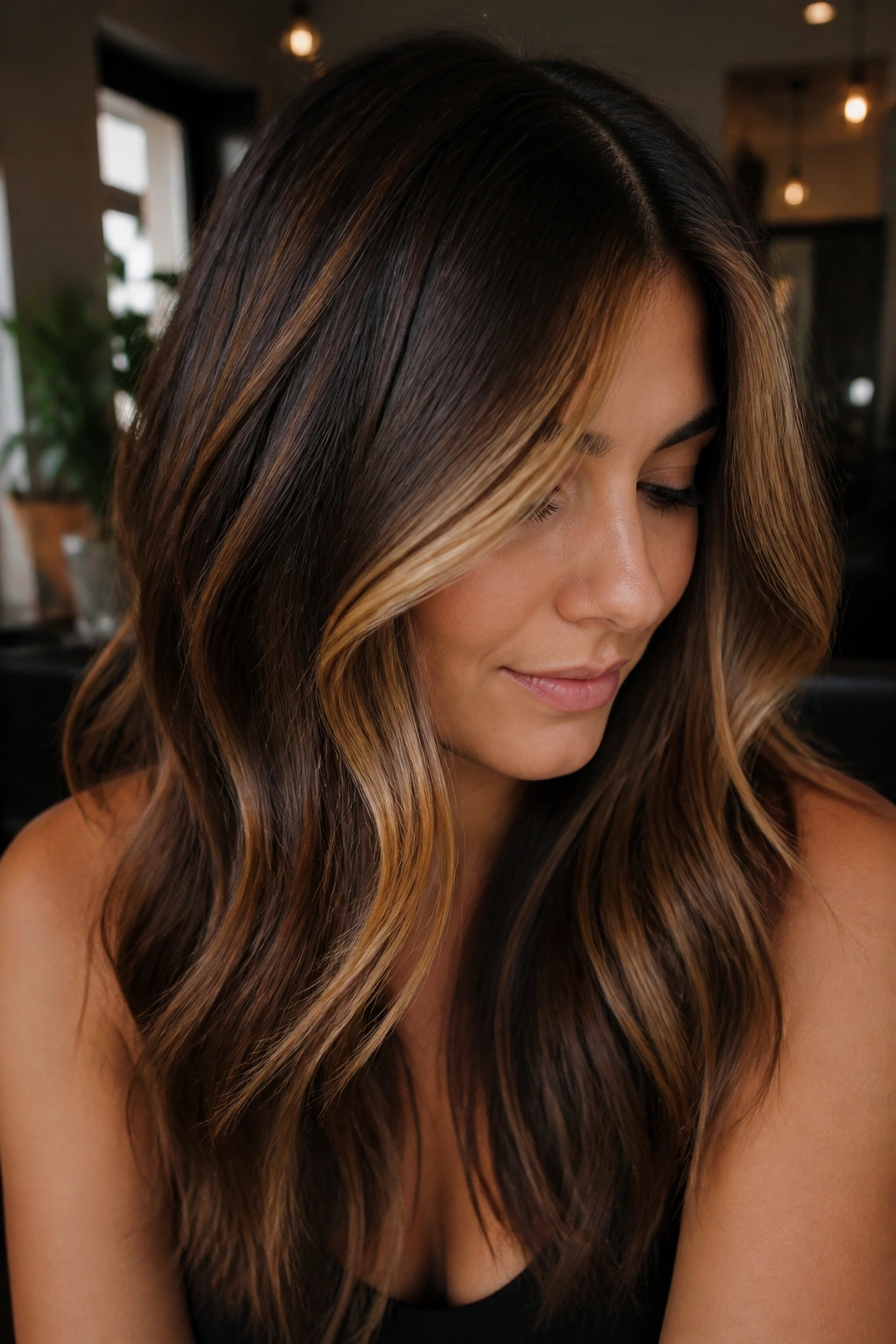 Close-up portrait of warm honey streaks in espresso hair on a real person