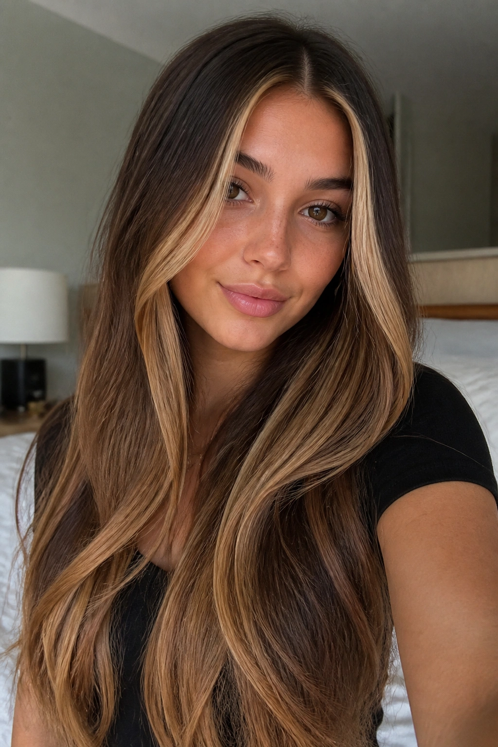 Close-up portrait showing honey face-framing highlights on long hair