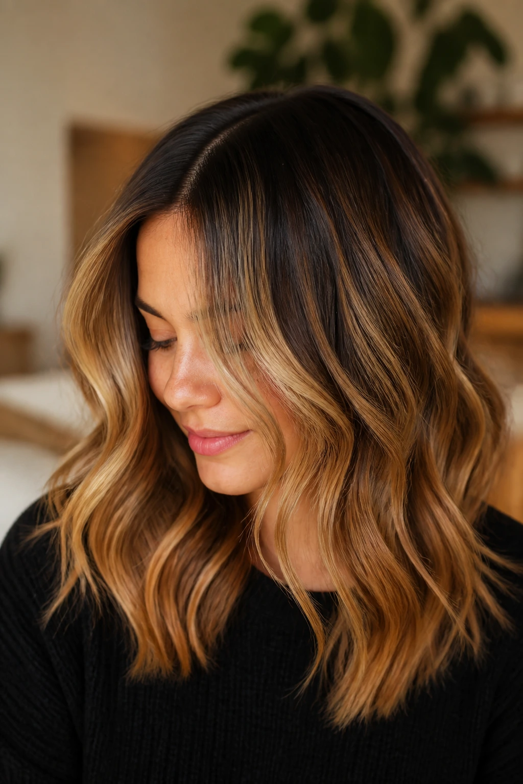 Close-up of a real person with warm honey and maple balayage.