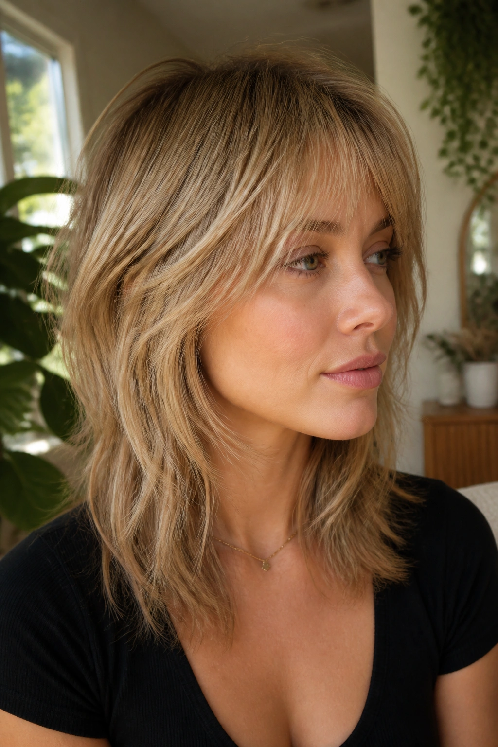 Portrait of a woman with honey-milk blonde wolf cut and airy fringe in a living room
