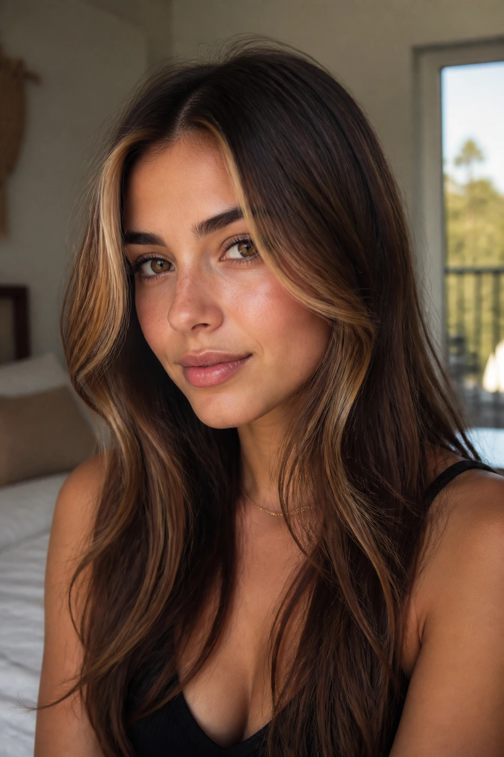 Close-up portrait of a brunette with a honey money piece framing the face in warm natural light