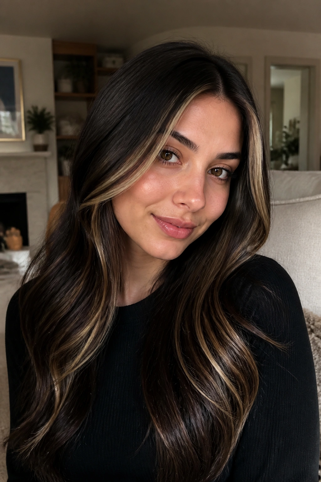 Honey money piece on deep brunette hair close-up portrait
