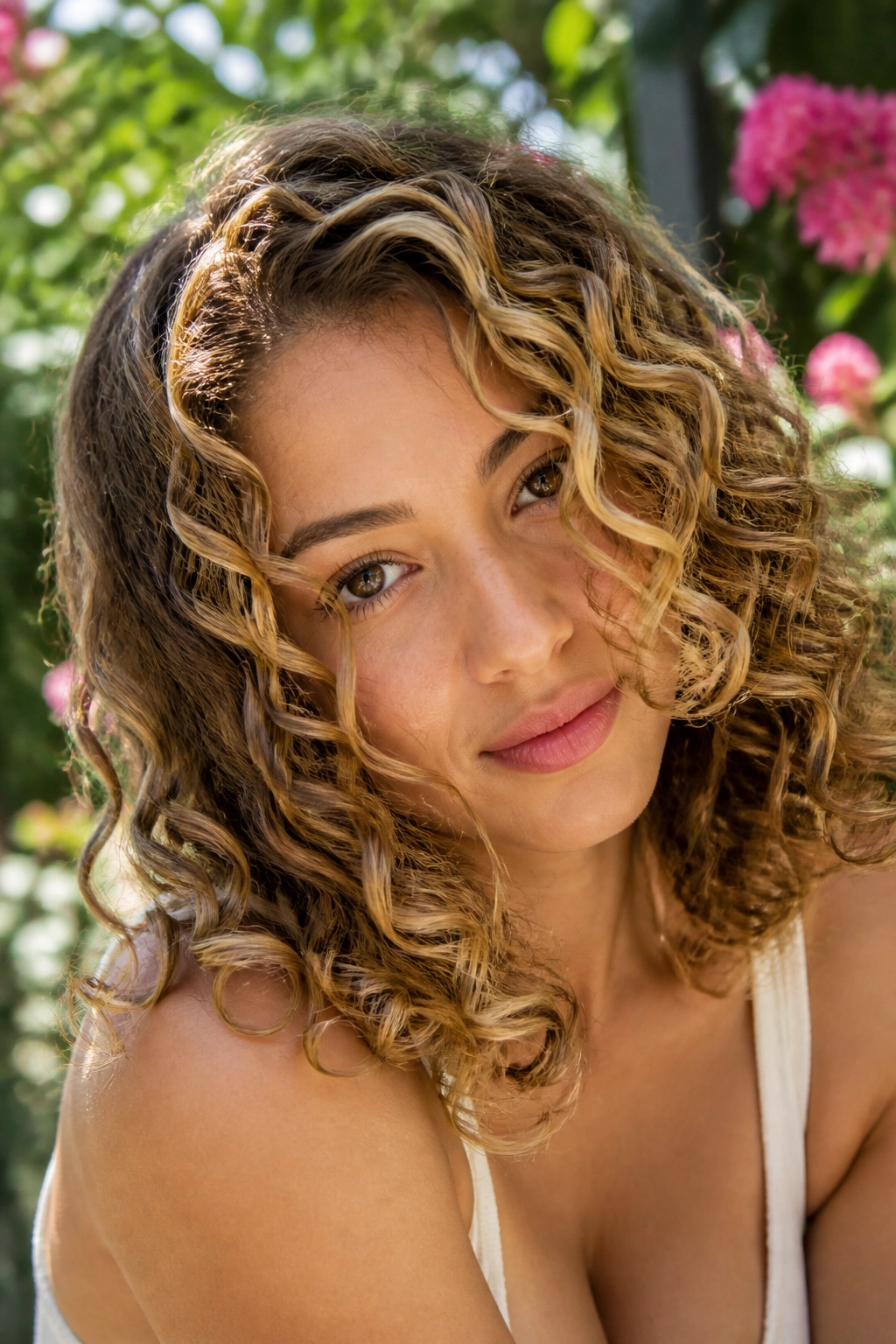 Close-up of a real woman with honey ribbon balayage on curly hair in natural light