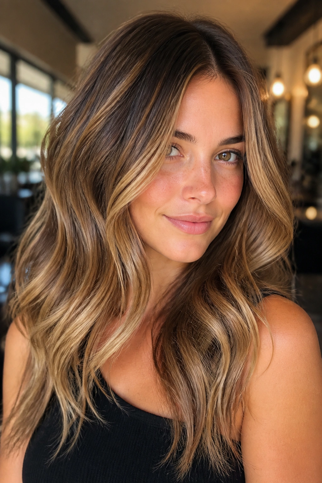 Close-up of a real woman's hair with honey ribbon highlights and warm glow