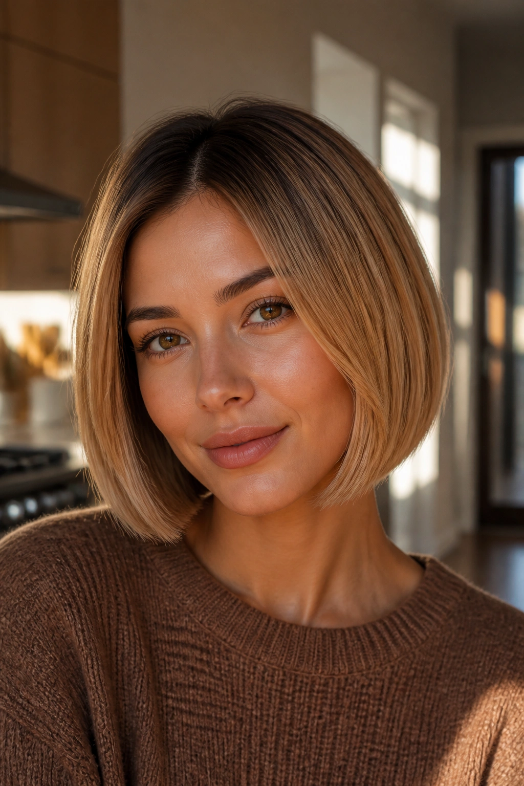 Close-up portrait of a real woman with warm honey shadow root on blunt bob