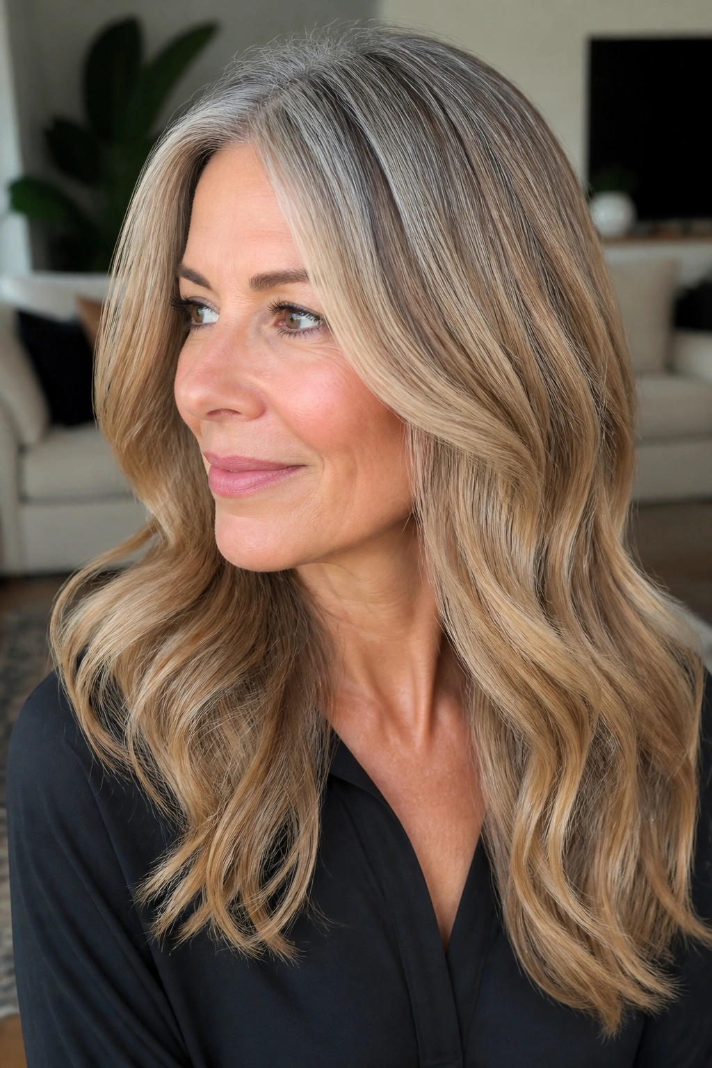 Woman with honeyed balayage blending gray tones for a natural look