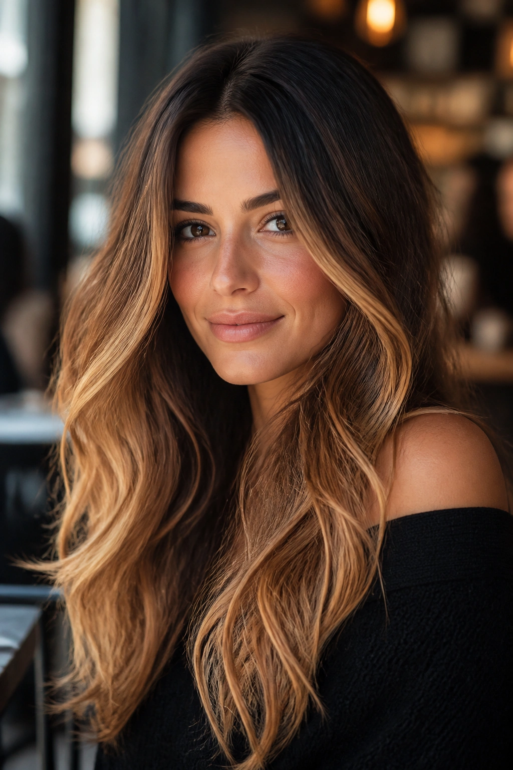 Close-up of a real woman with dark roots and honeyed brunette ends in long hair