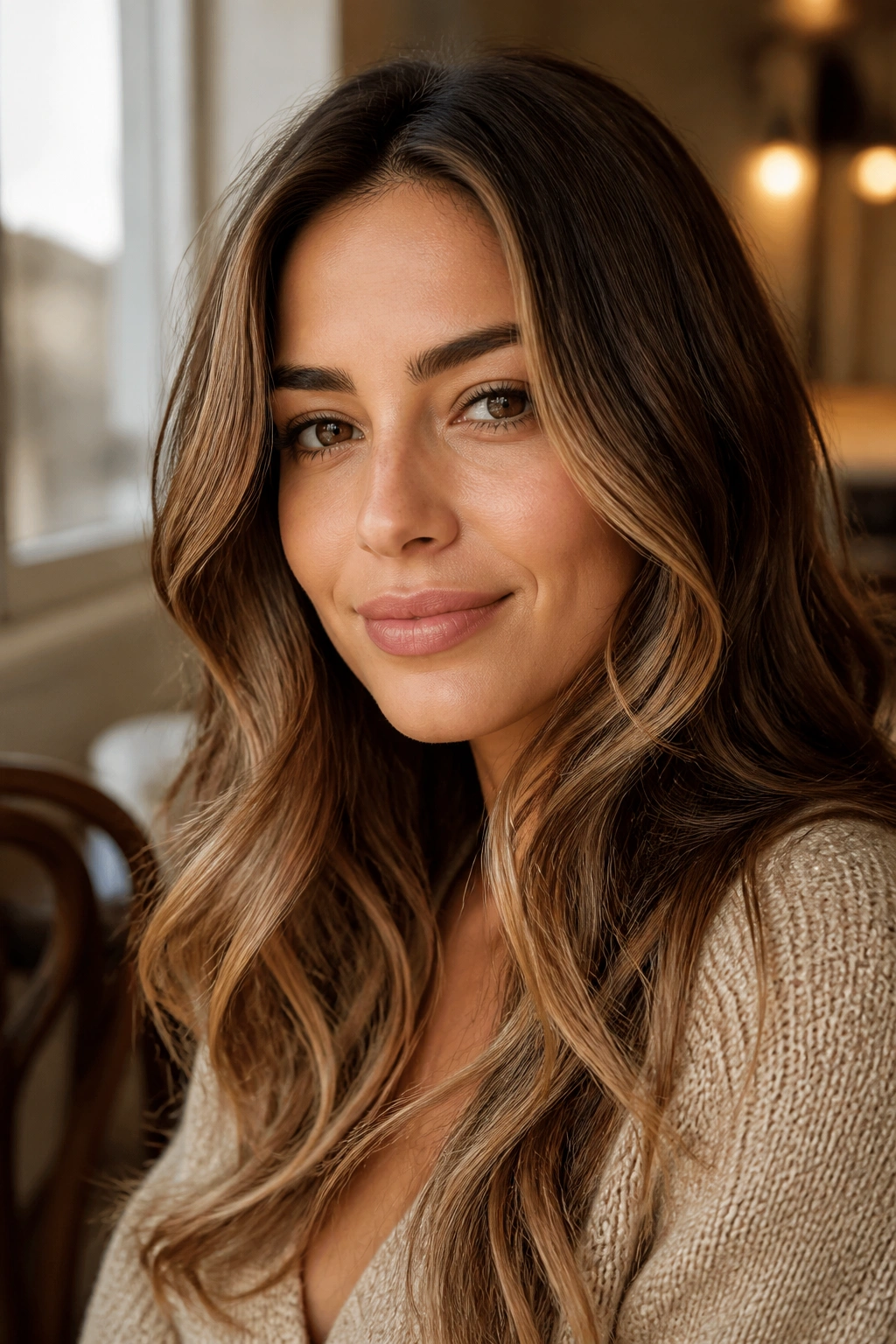 Portrait of a woman with honeyed brunette hair and face-framing lighter pieces in warm light.
