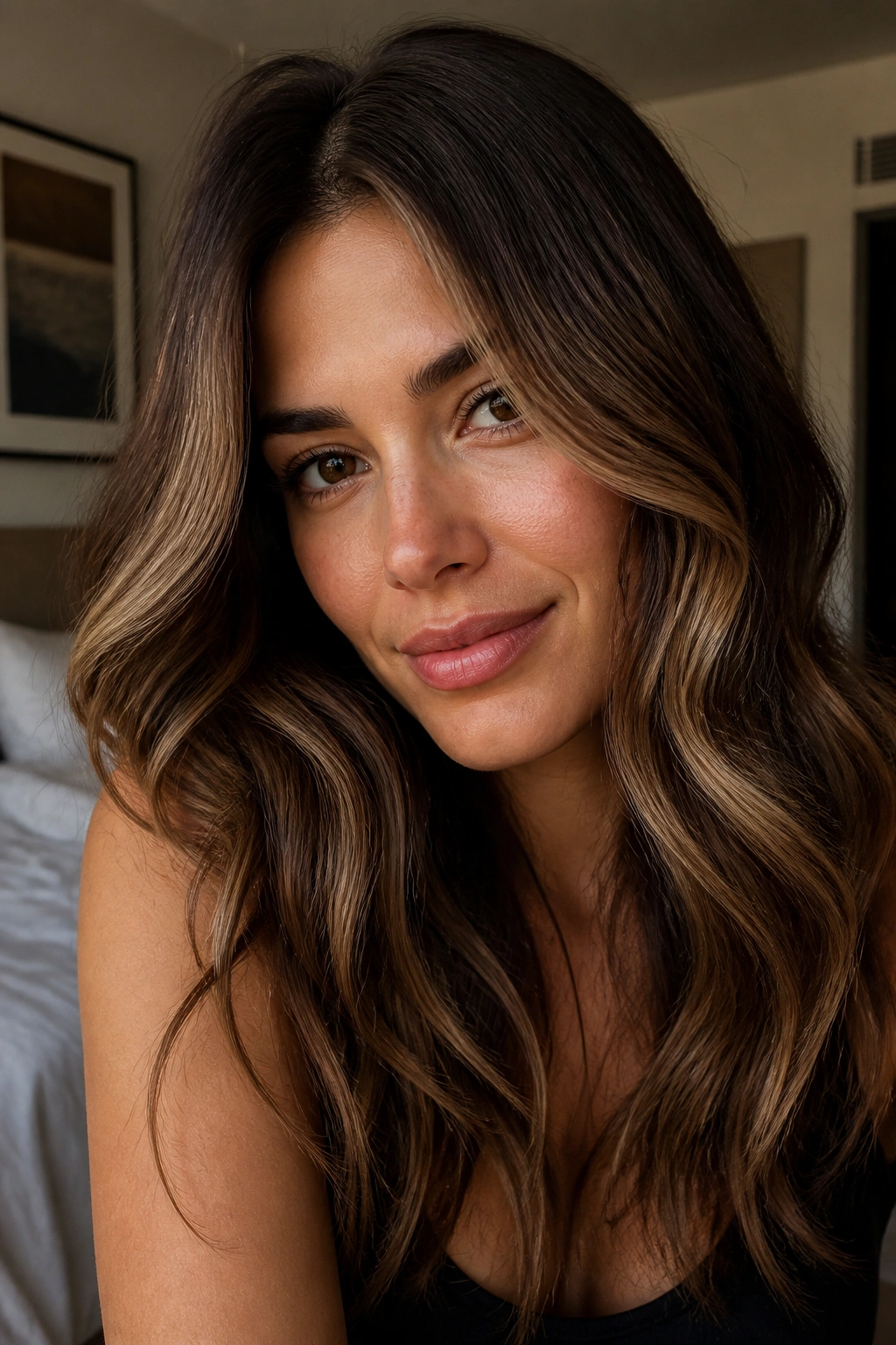 Close-up of a woman with honeyed espresso hair and honey highlights around the face