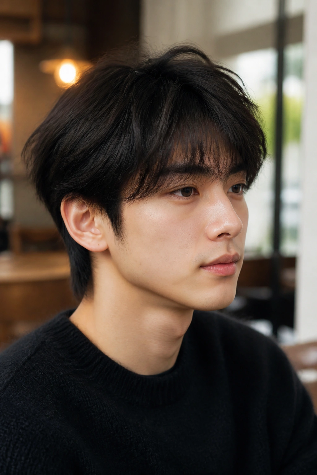 Close-up portrait of a real man with Hush Cut With Airy Layers in a cozy cafe.
