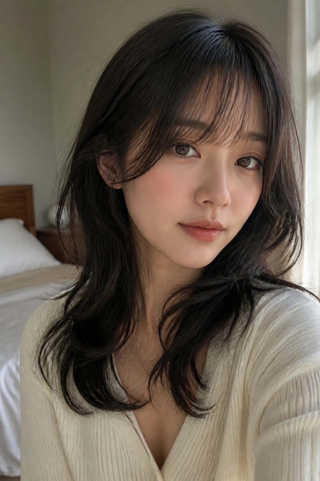Close-up portrait of real woman with hush cut wispy fringe