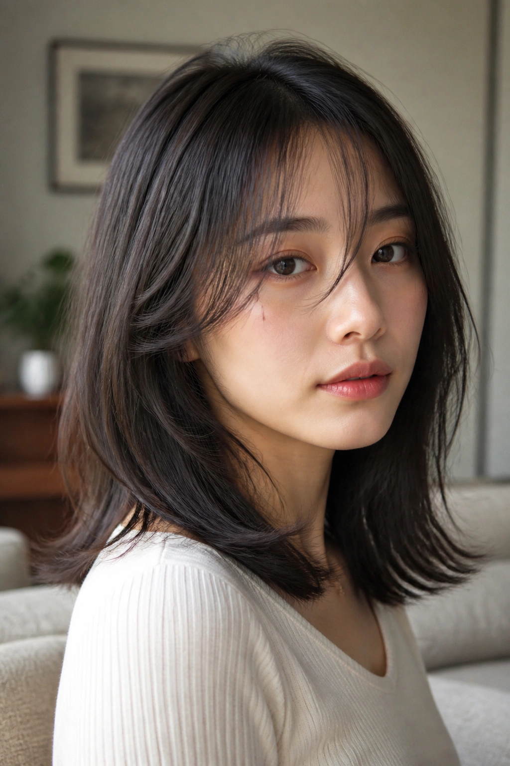 Close-up of a woman with hush cut and wispy face-framing layers