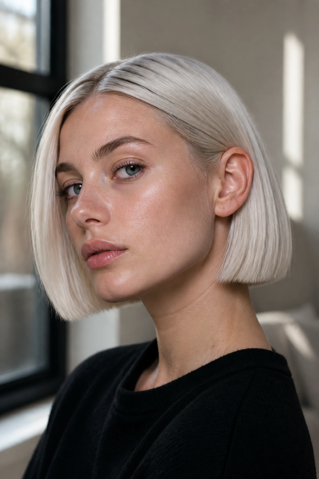 Close-up of a real woman with an ice-blonde blunt bob framing the jaw