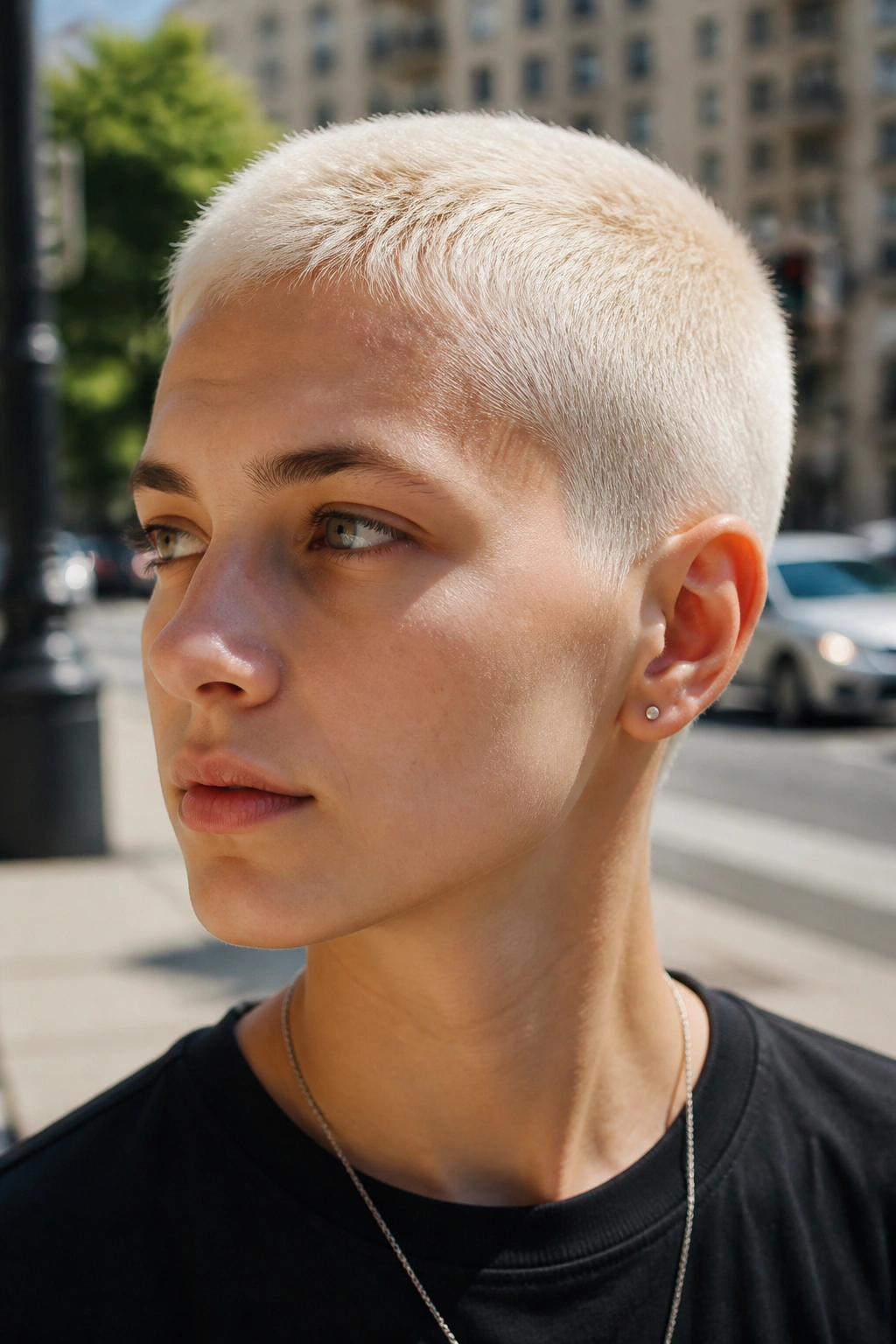 Close-up portrait of a real person with an ice blonde buzz cut outdoors