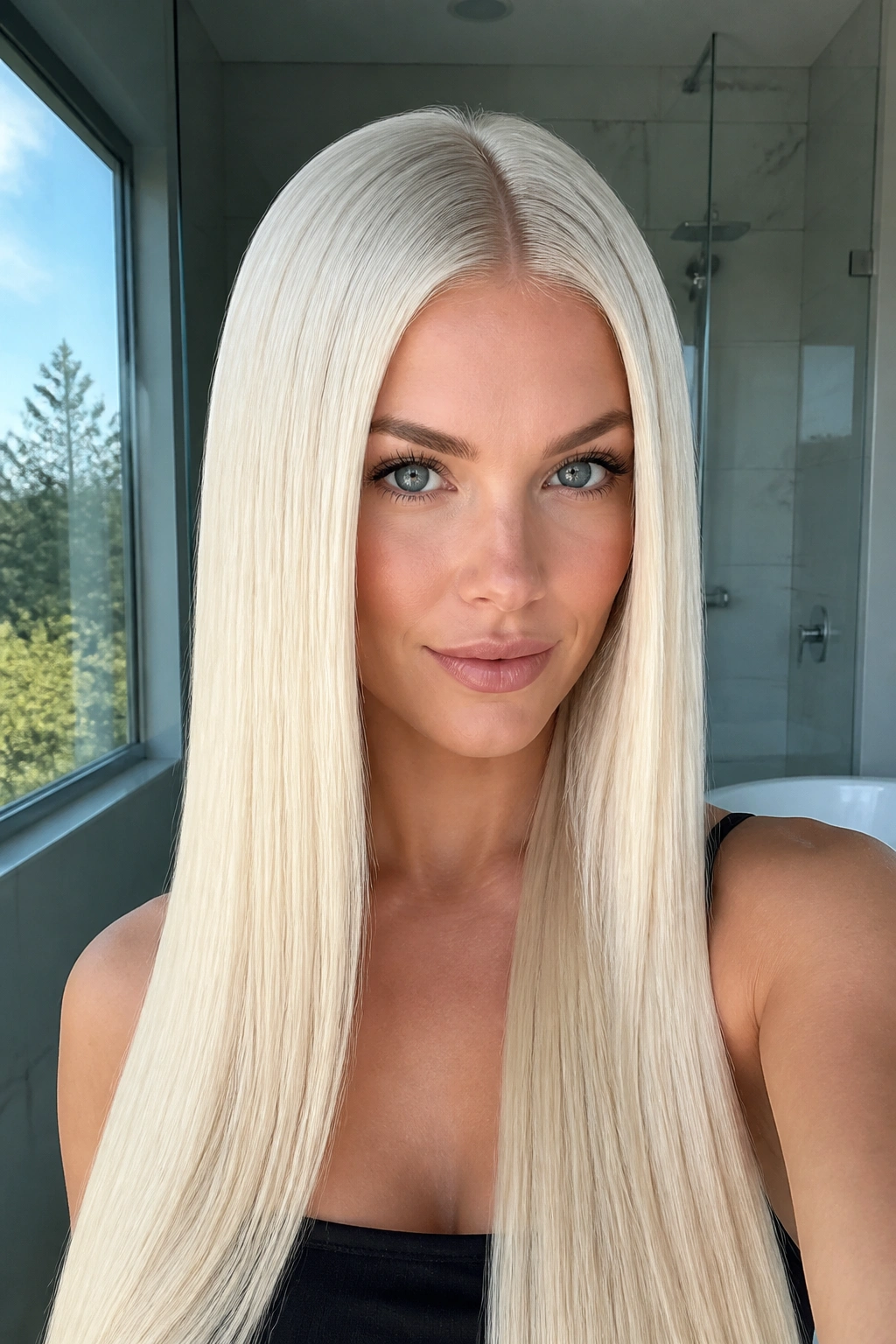 Real woman with ice-blonde glass-length hair in a center-parted, glossy look