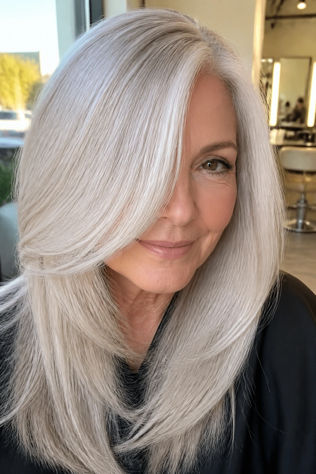 Close-up of a real woman with ice-blonde hair and even lift, grey tones read as pale pearl.