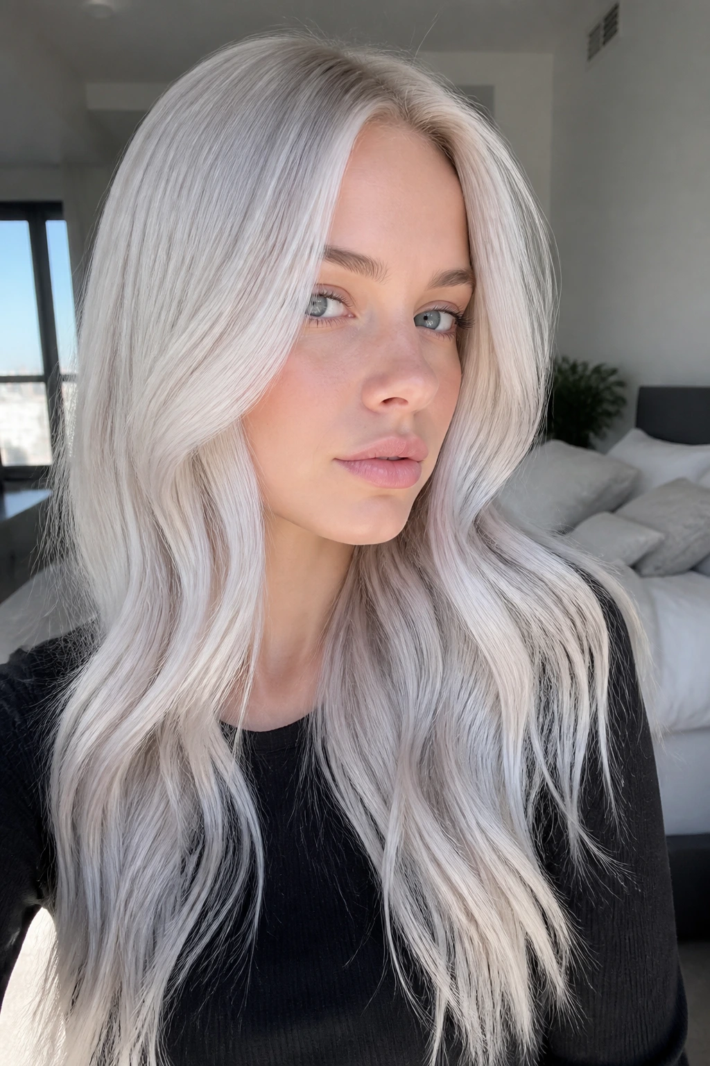 Close-up portrait of a real person with ice blonde hair in cool daylight