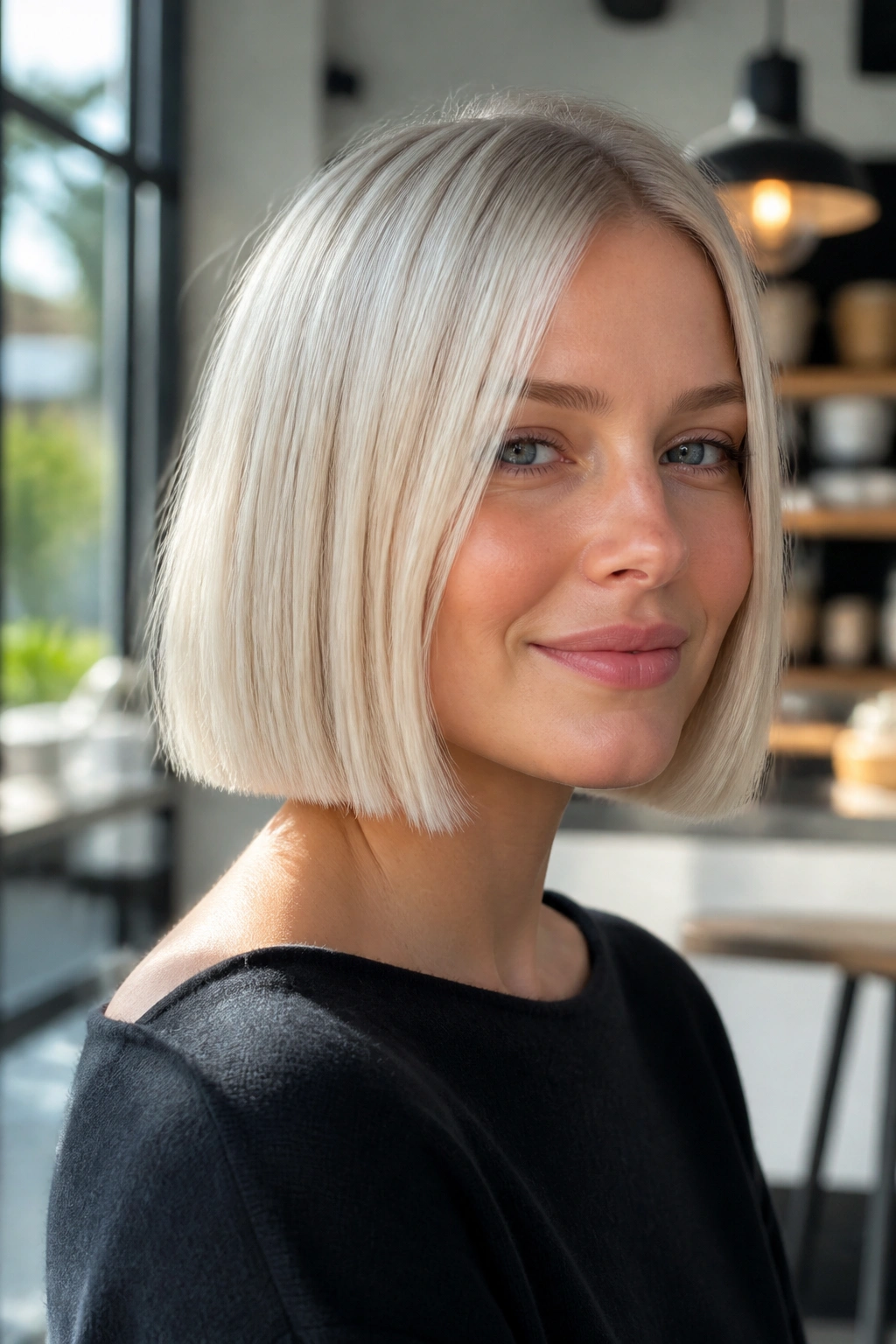 Close-up portrait of a woman with a cool ice blonde lob and blunt ends