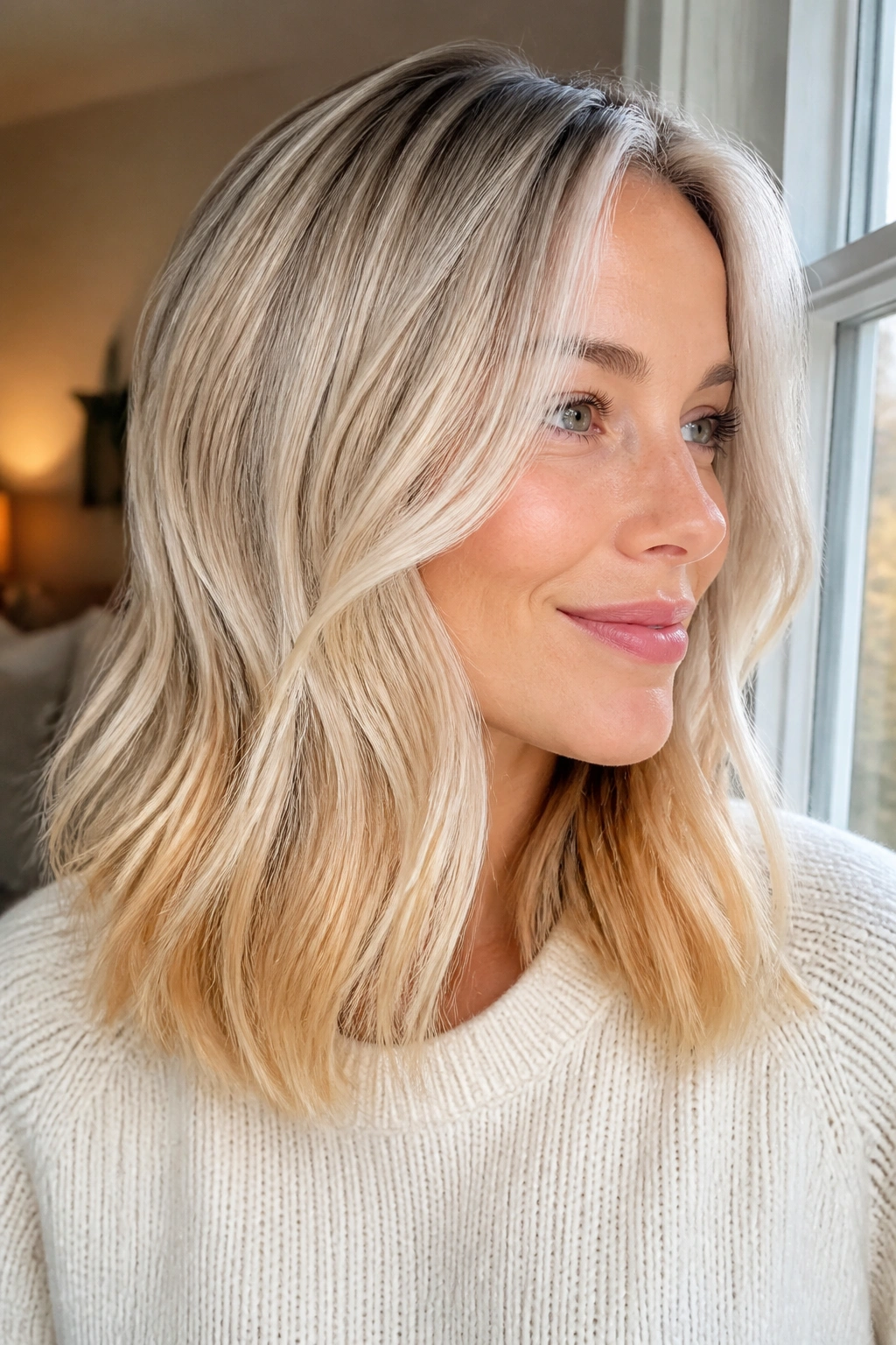 Portrait of a real woman with ice-to-butter blonde melt on shoulder-length hair in soft light